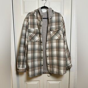 Plaid Sherpa Lined Hooded Shacket XXL Gray Brown Fleece Jacket